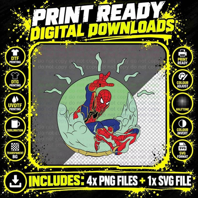Spider-Man Iron Spider Suit Swinging Green Circle Smoke Png SVG Digital Bundle