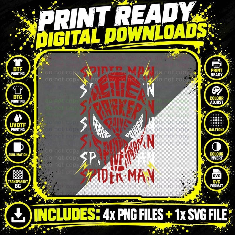 Spider-Man Parker Great Power Typographic Mask Design Png SVG Digital Bundle