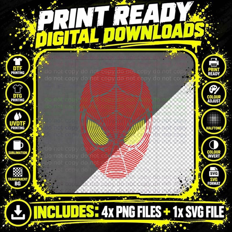 Spider-Man Red Concentric Web Rings Mask Yellow Eyes Png SVG Digital Bundle