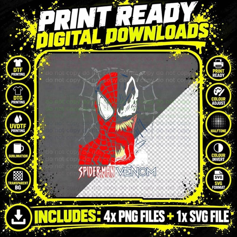 Spider-Man Venom Split Face Half Red White T-Shirt Png SVG Digital Bundle