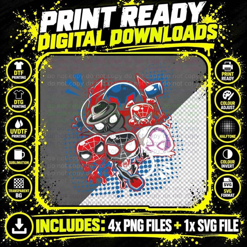 Spider-Verse Chibi Group Spider Characters Noir Fedora Png SVG Digital Bundle