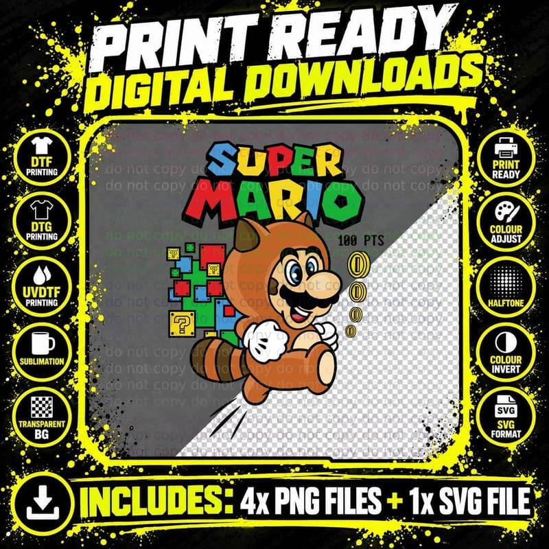 Super Mario 100 Pts in Tanooki Raccoon Suit Jumping Png SVG Digital Bundle