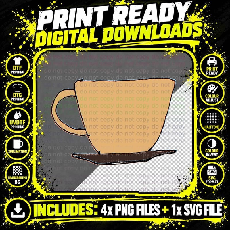 Teacup Tan Saucer Line Outline T-Shirt Png SVG Digital Bundle