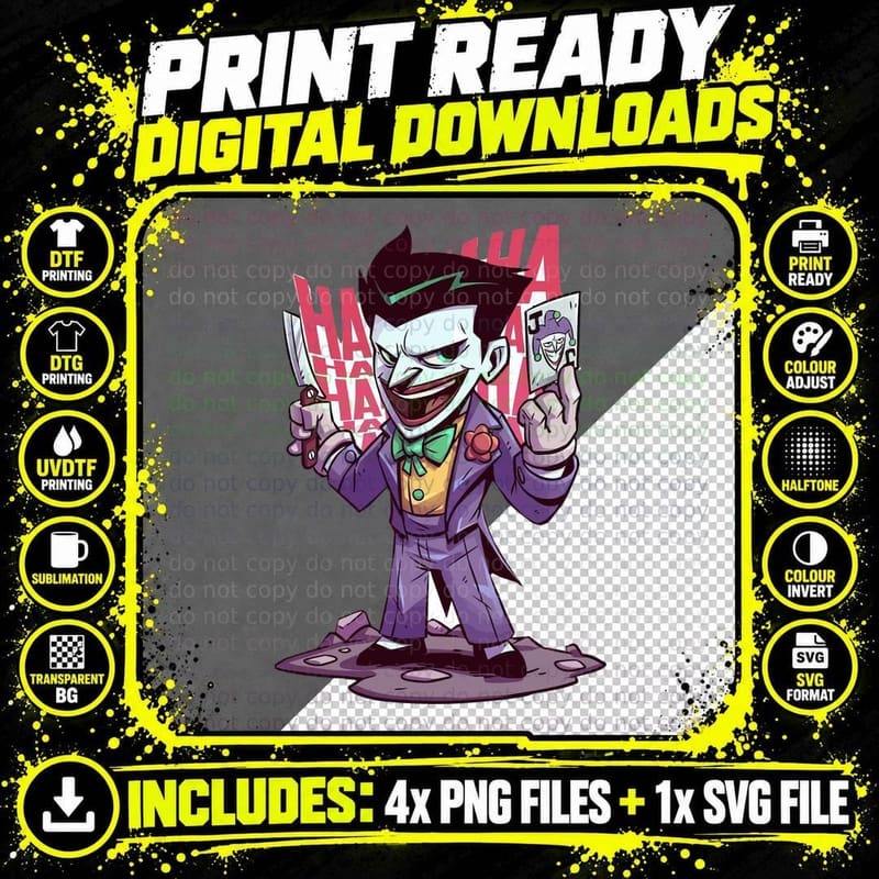 The Joker Chibi Villain Purple Suit Green Bowtie Dual Png SVG Digital Bundle