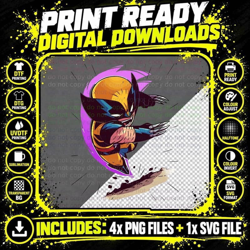 Wolverine Cartoon Claws Slashing Purple Energy Swoosh Png SVG Digital Bundle