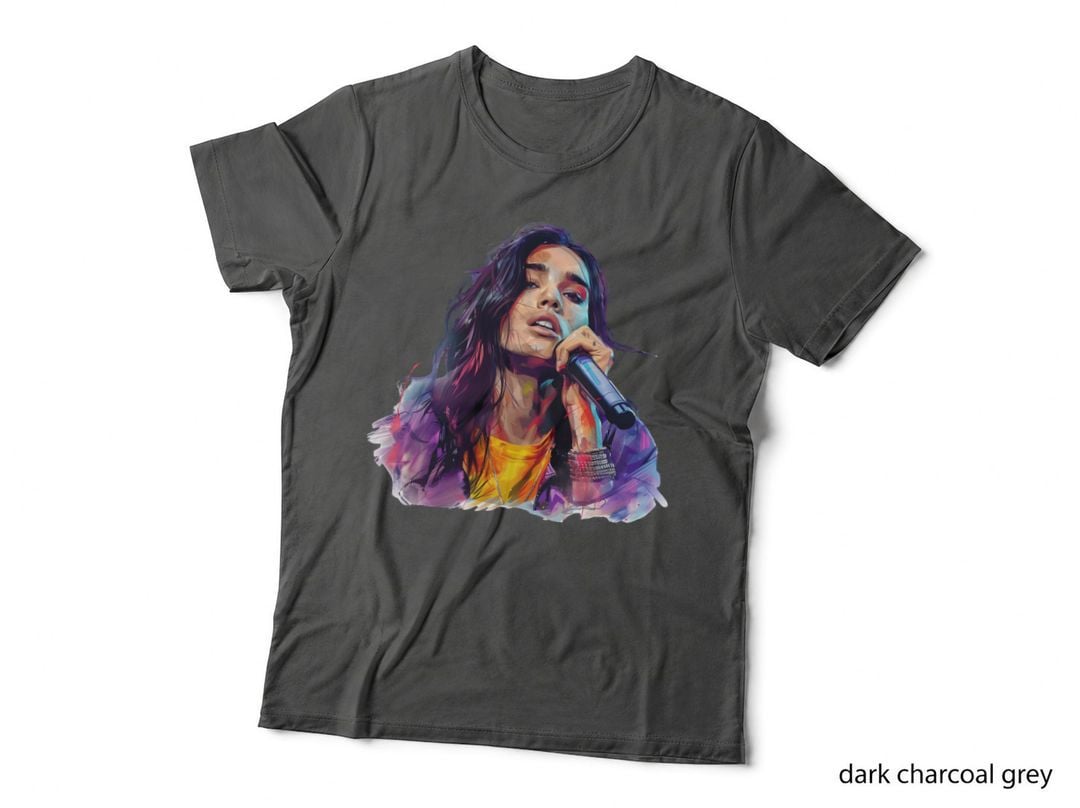 Woman Singing into Microphone Dark Hair Yellow Top Purple Jacket T-Shirt