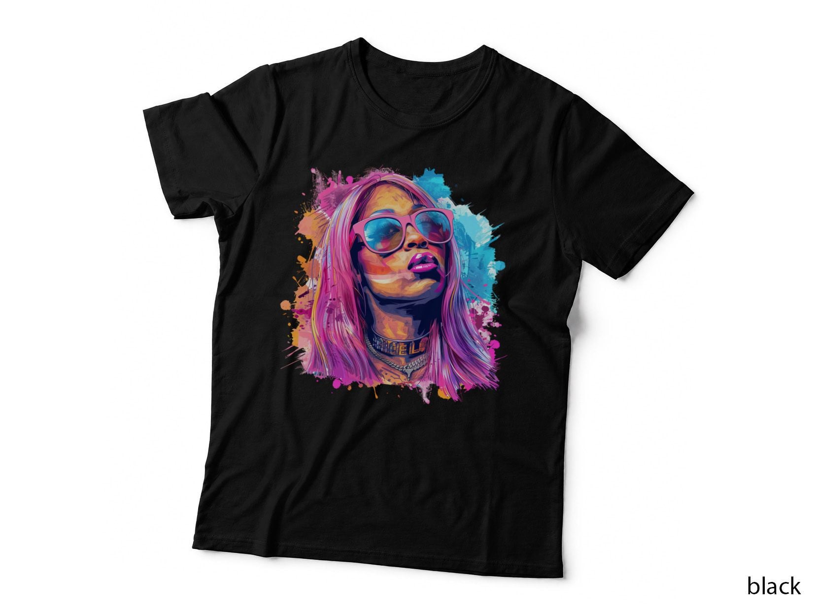 Woman with Pink Hair Sunglasses Round Choker Necklace Chain Pink-Blue T-Shirt