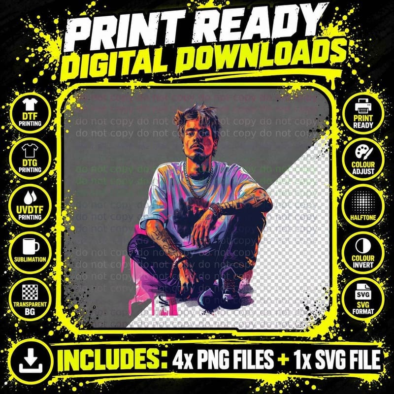 Young Male Crouching Tousled Hair Tattooed Arms Png SVG Digital Bundle