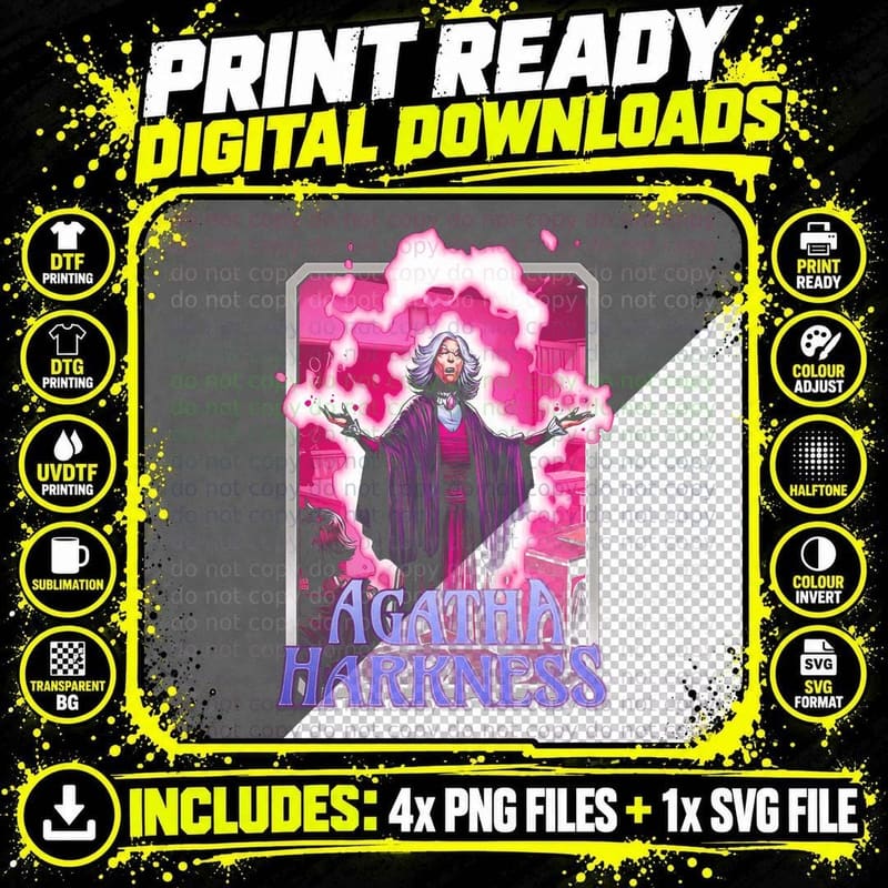 Agatha Harkness Illustrated Glowing Hands Magic T-Shirt Png SVG Digital Bundle