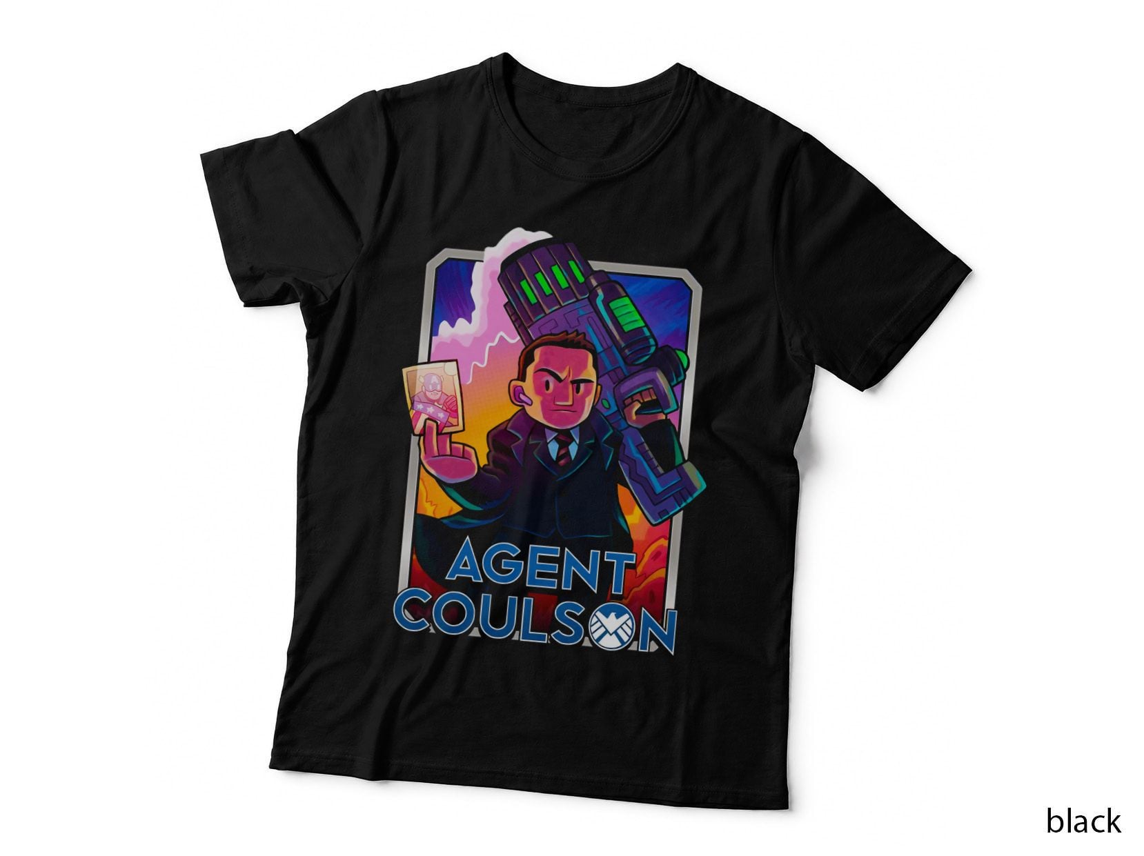 Agent Coulson Colorful Pixelated Character with Magenta and Purple T-Shirt