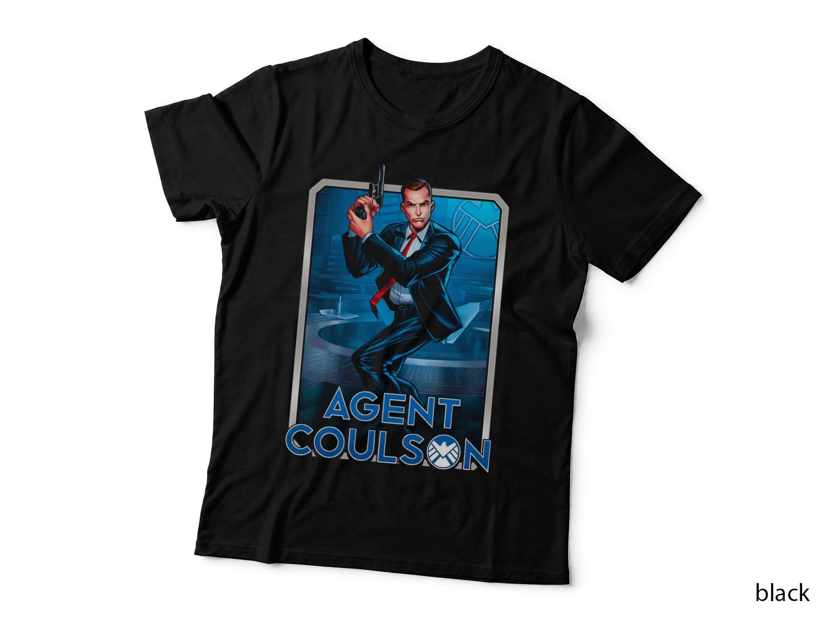 Agent Coulson Male Character Holding Weapon Blue Action Background T-Shirt