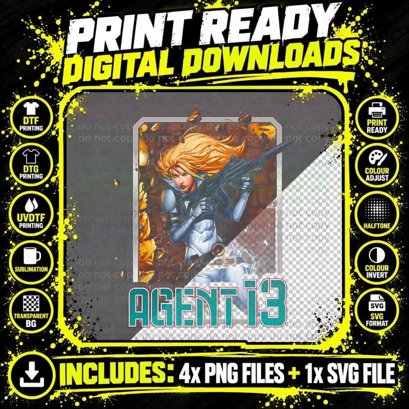 Agent I3 Illustration Blonde Female with Gun T-Shirt Png SVG Digital Bundle
