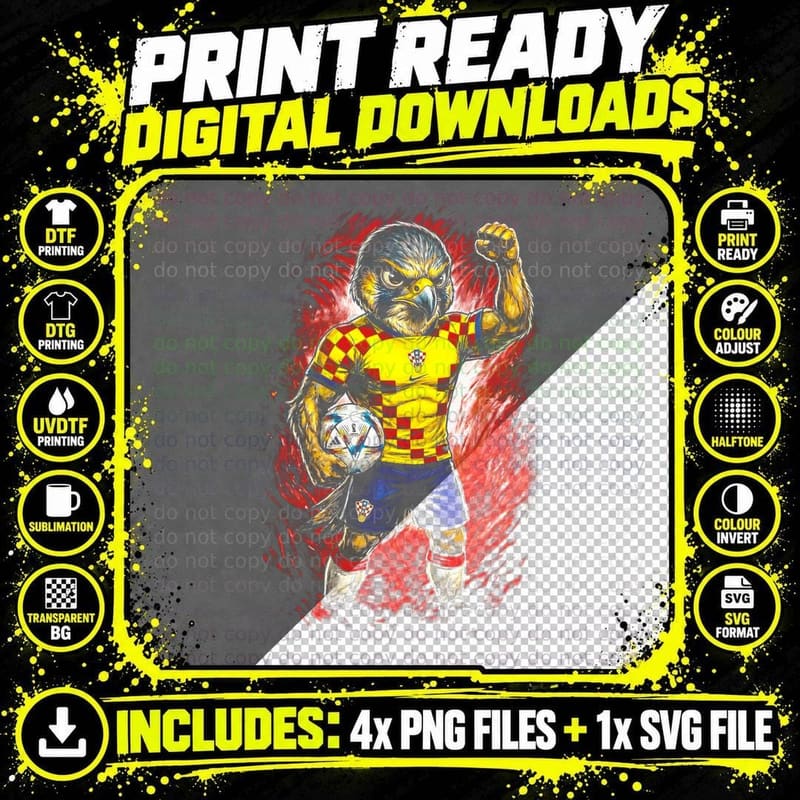 Anthro Eagle Footballer Head Red-White Checkered Croatia Png SVG Digital Bundle