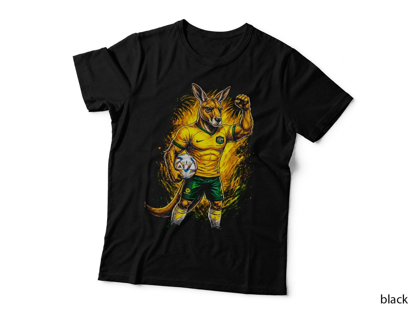 Anthro Kangaroo Footballer Australia Head Gold-Green Kit Ball in Hand T-Shirt