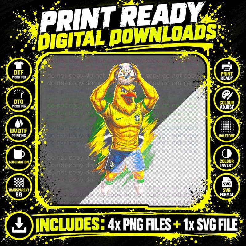 Anthro Rooster Footballer Yellow Head Brazil Kit Blue Png SVG Digital Bundle