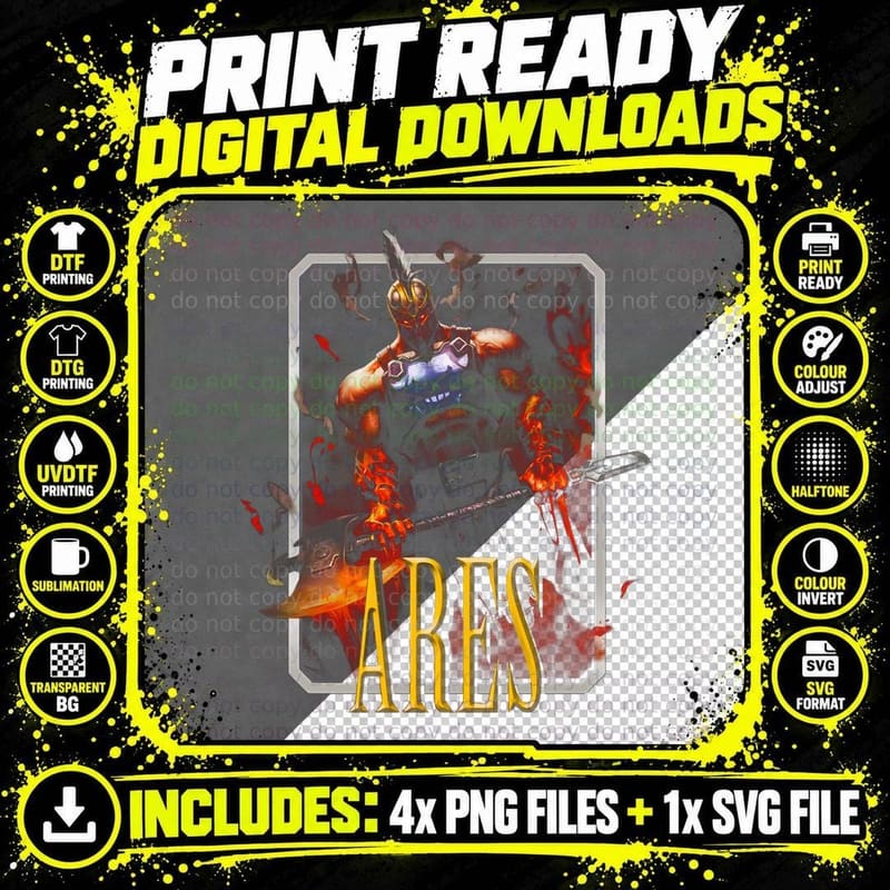 Ares Illustration Fiery Warrior Character T-Shirt Png SVG Digital Bundle