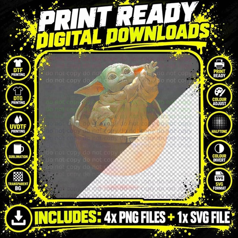 Baby Yoda Grogu the Child Pod Creature Halftone Gold Png SVG Digital Bundle
