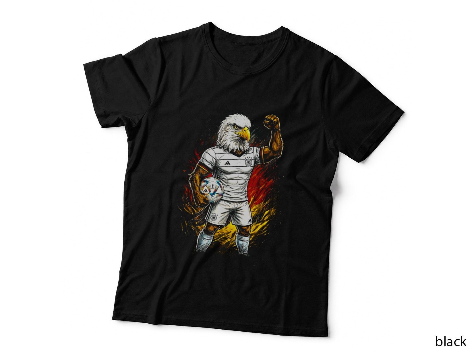 Bald Eagle Footballer Mascot Germany White Kit Fist Raised Holding Ball T-Shirt