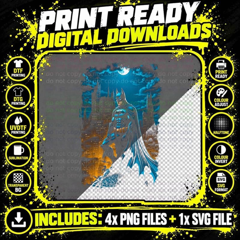 Batman City Silhouette Against Blue Nighttime Urban Png SVG Digital Bundle