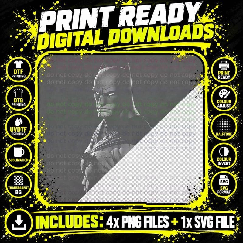 Batman Profile Monochromatic Cowl Side Minimalist Dark Png SVG Digital Bundle