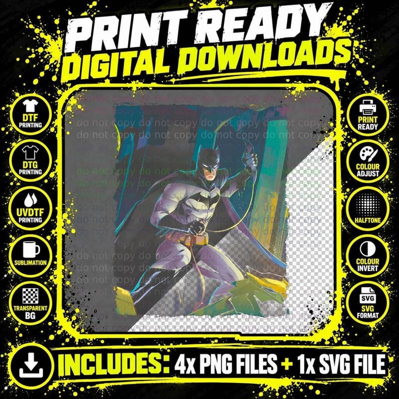 Batman Yellow Noir Silhouette in Light Dark Vigilante Png SVG Digital Bundle