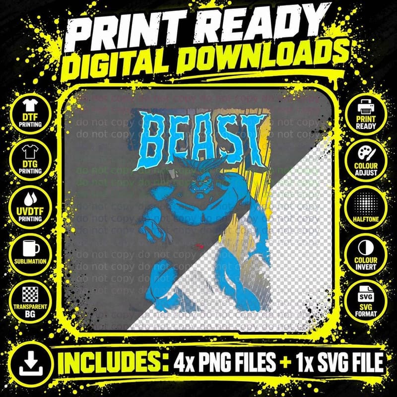 Beast Cyan Blue Yellow Halftone Striped Superhero T-Shirt Png SVG Digital Bundle