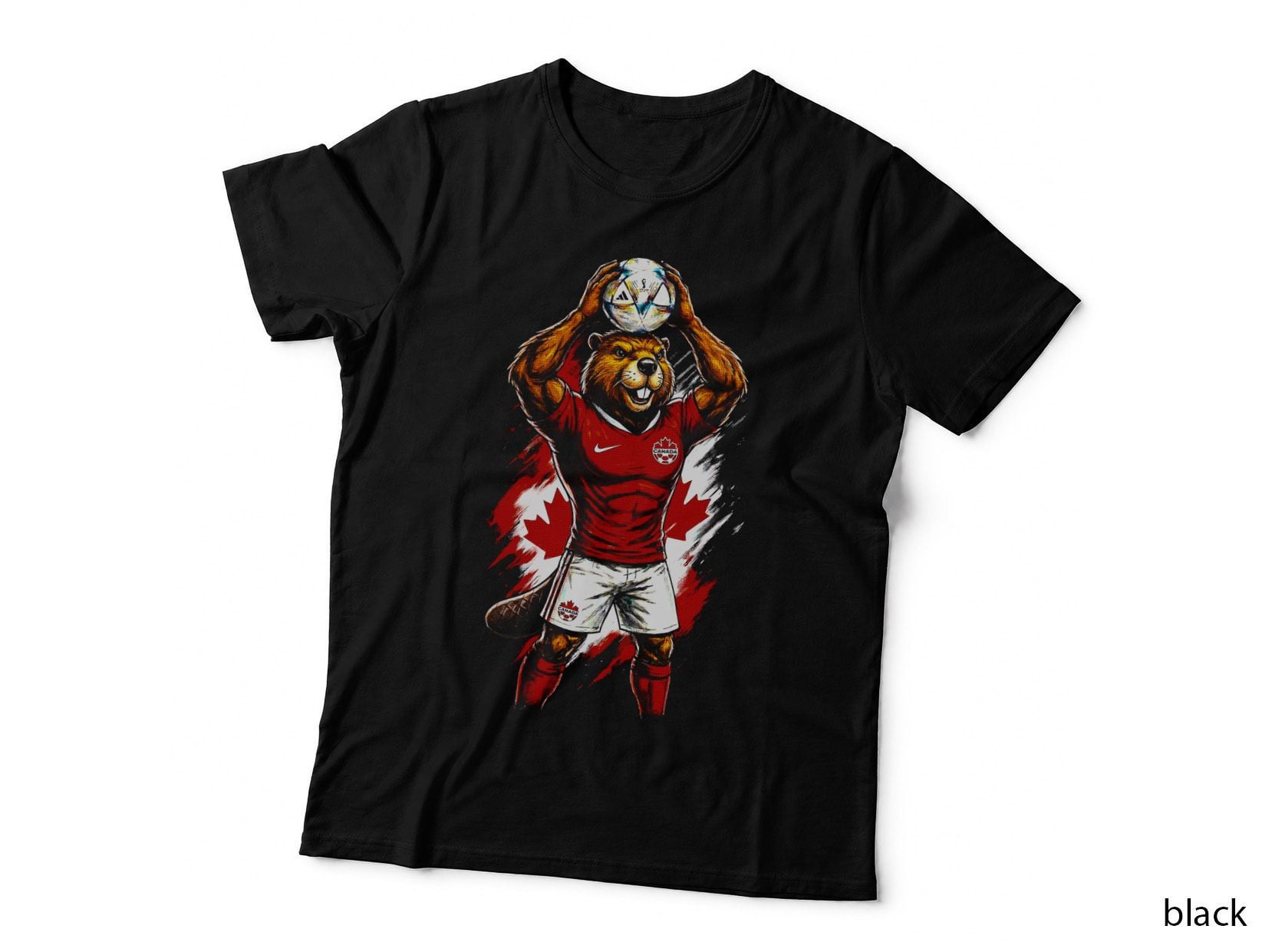 Beaver Footballer Mascot Canada Red Kit Both Arms Raised Holding Ball T-Shirt