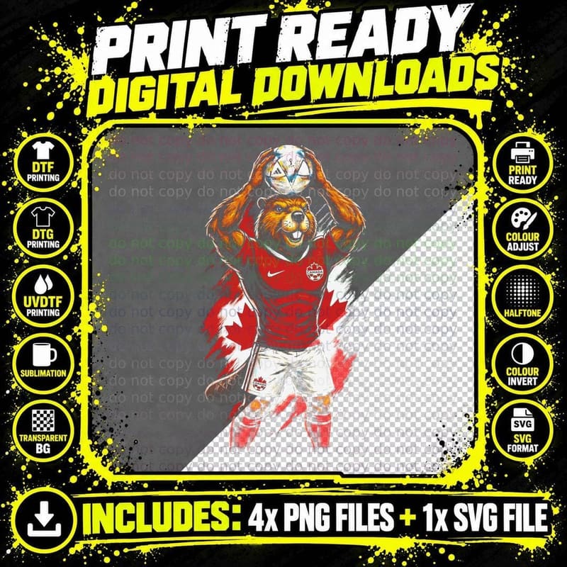 Beaver Footballer Mascot Canada Red Kit Both Arms Raised Png SVG Digital Bundle