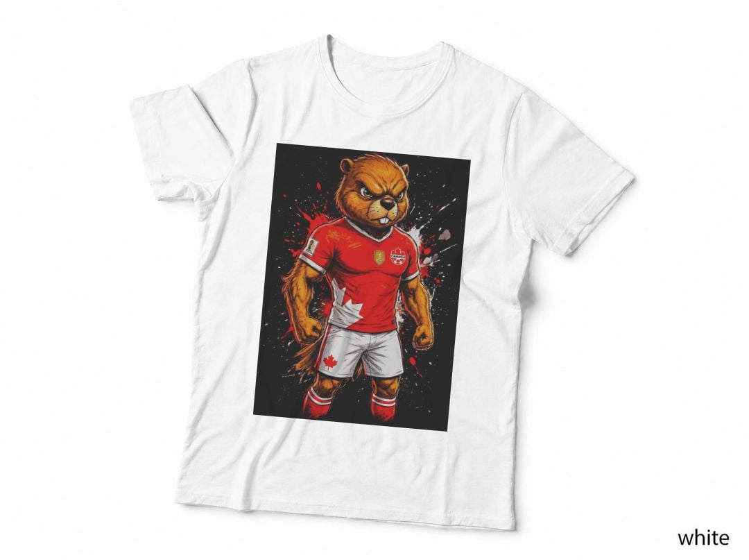 Beaver Footballer Red Canada Kit Maple Leaf on Shorts Splatter T-Shirt