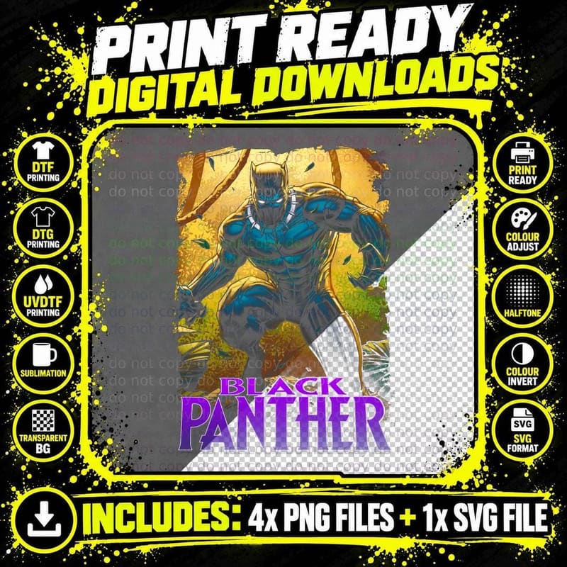 Black Panther Halftone Blue Yellow Green African Hero Png SVG Digital Bundle