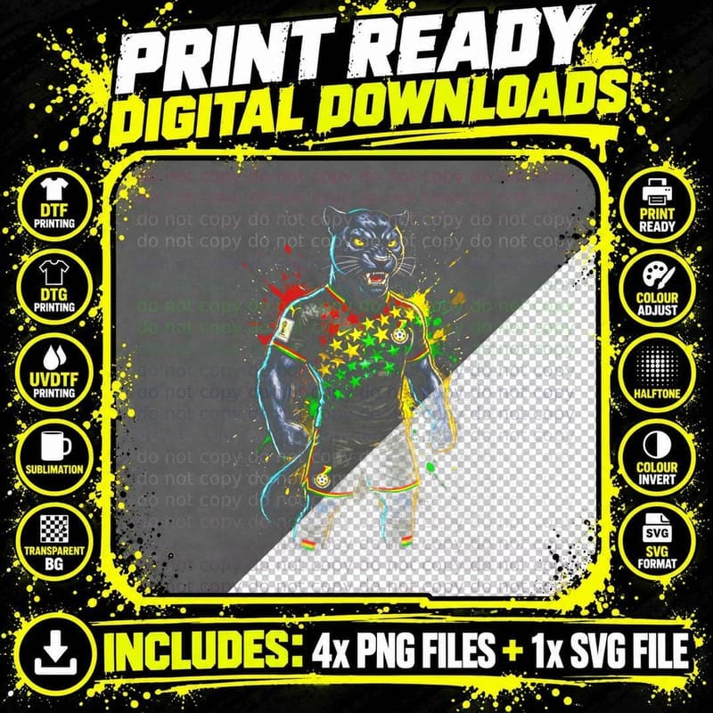 Black Panther Mascot Head Footballer Star Pattern Dark Png SVG Digital Bundle