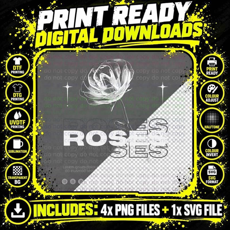 Black White Streetwear Roses T-Shirt Png SVG Digital Bundle