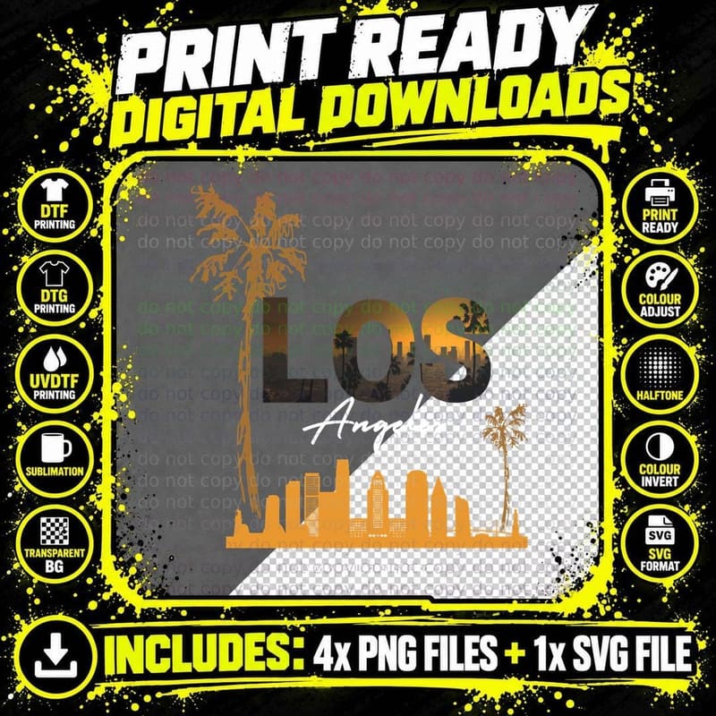 Black and Orange Illustration Los Angeles T-Shirt Png SVG Digital Bundle