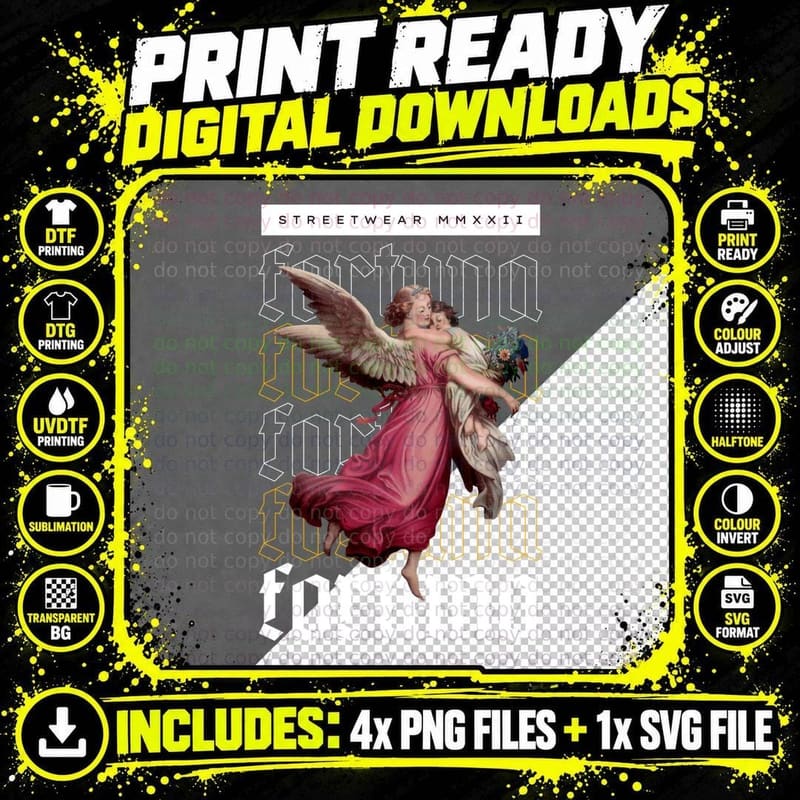 Black and White Angel Illustration Streetwear T-Shirt Png SVG Digital Bundle