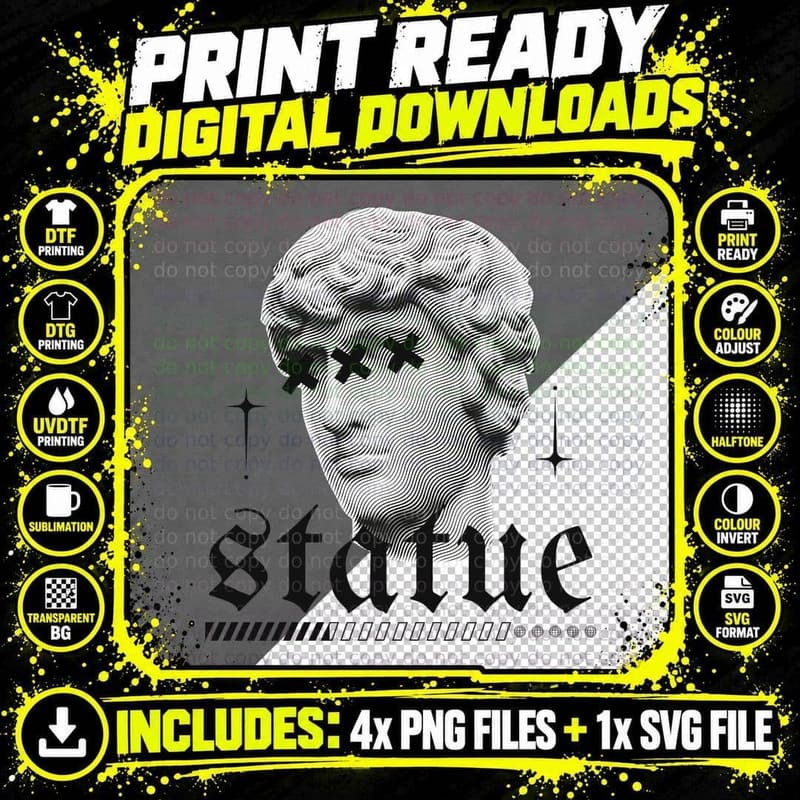 Black and White Streetwear Statue T Shirt Png SVG Digital Bundle