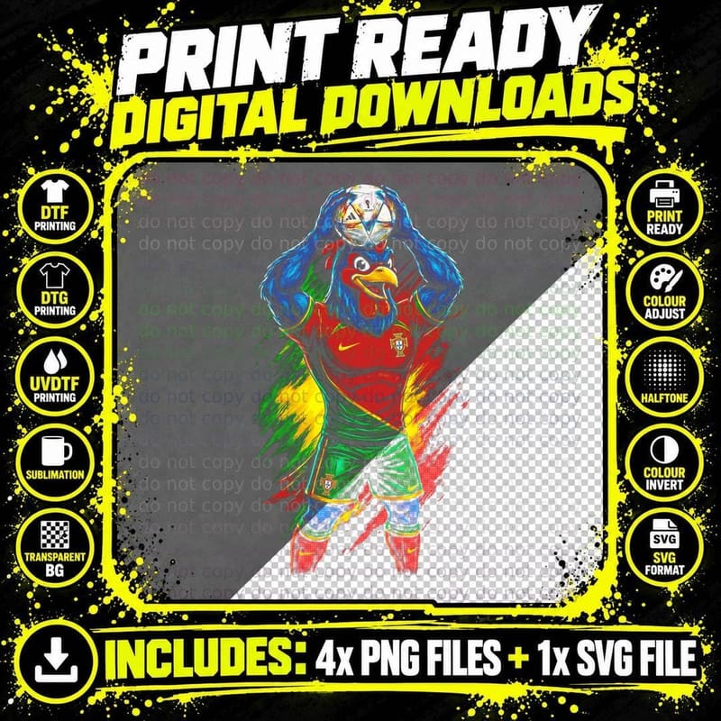 Blue Rooster Footballer Mascot Colourful Splatter Red Png SVG Digital Bundle