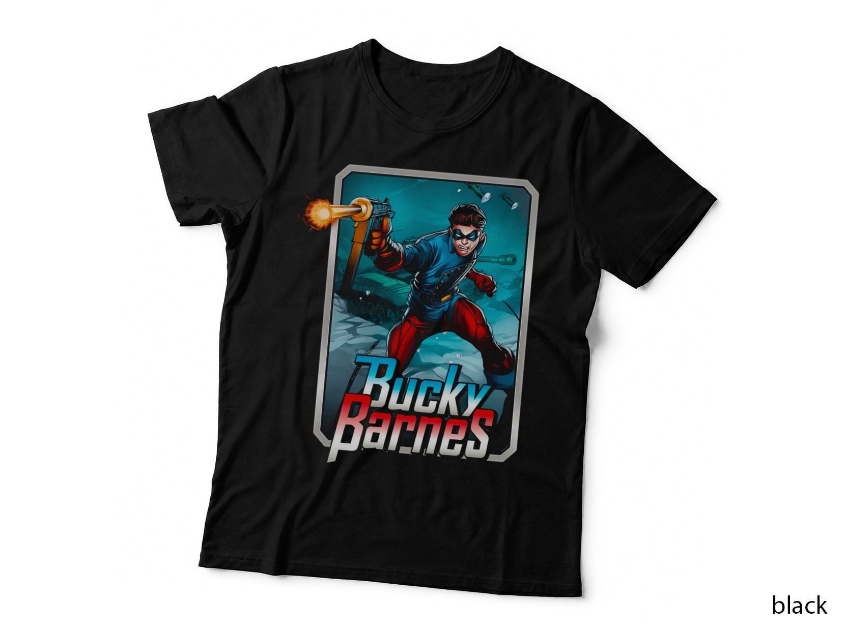 Bucky Barnes Character with Glowing Weapon on Teal Background Comic T-Shirt