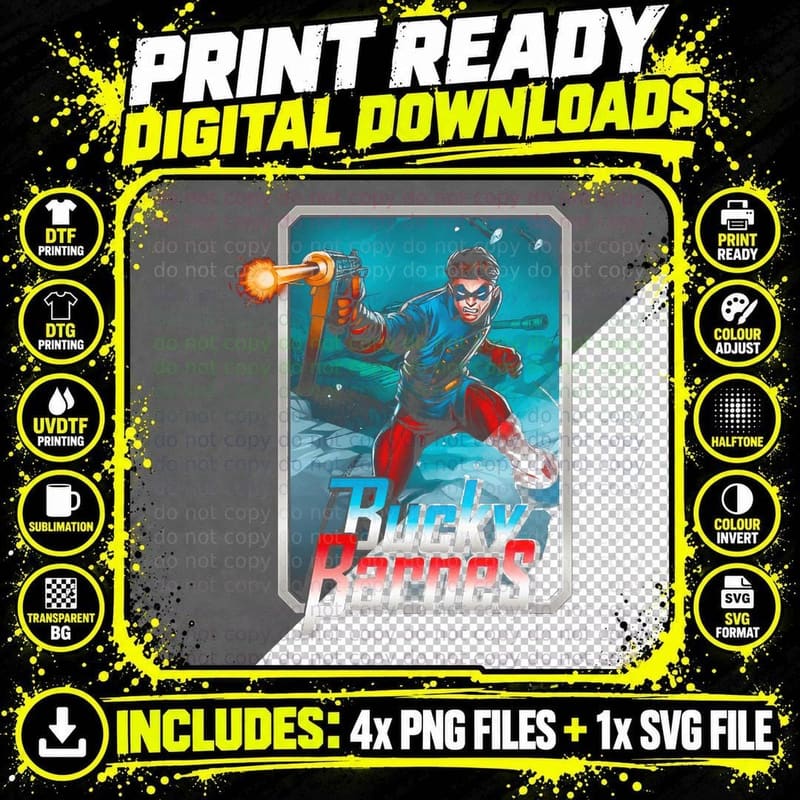 Bucky Barnes Character with Glowing Weapon on Teal Png SVG Digital Bundle