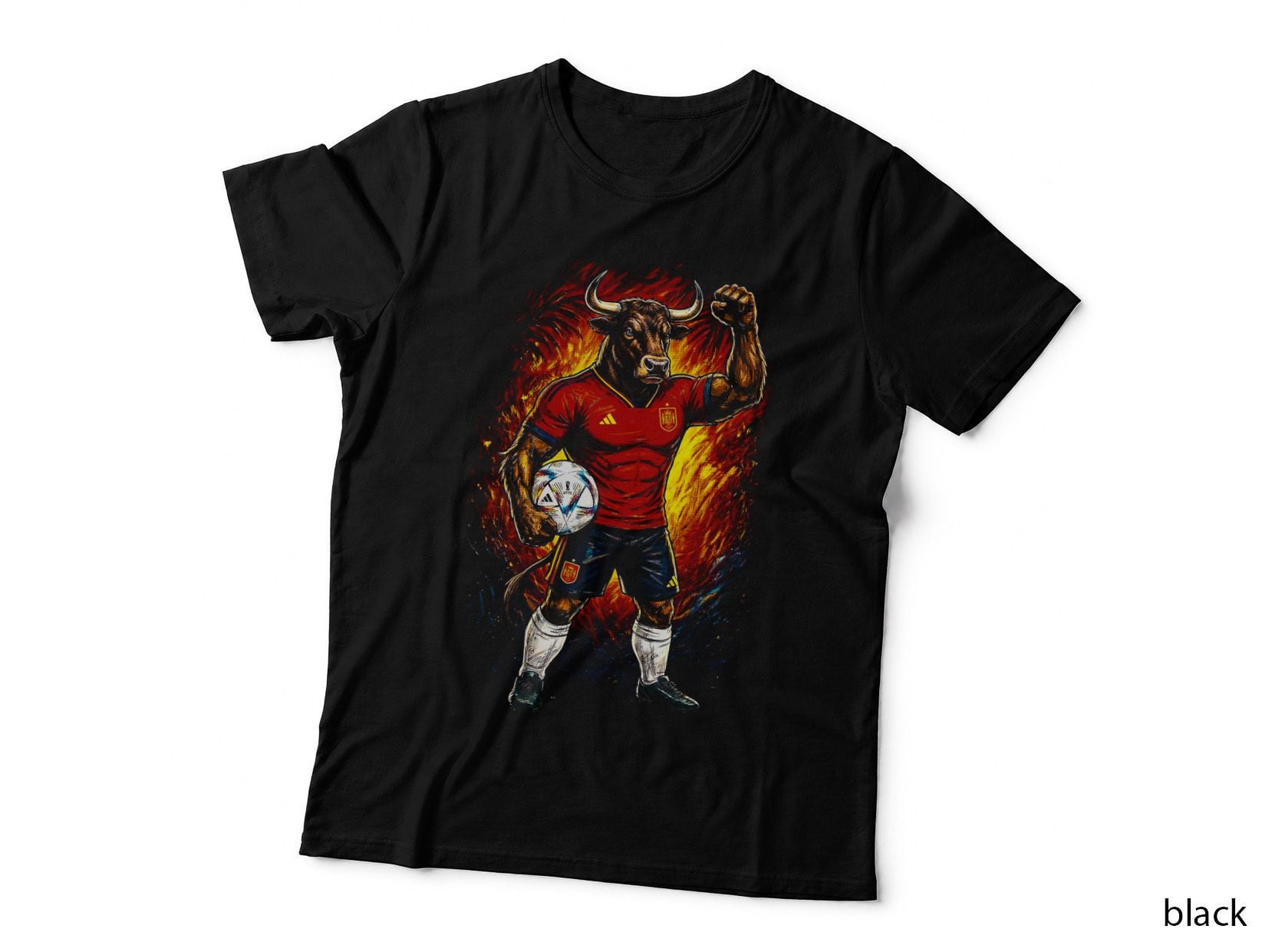 Bull Mascot Footballer Red Kit Fist Raised Holding Ball Orange Flame T-Shirt
