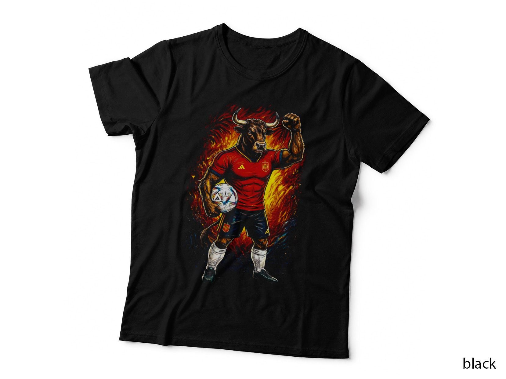 Bull Mascot Head Footballer Red Jersey Fist Raised Holding Ball T-Shirt