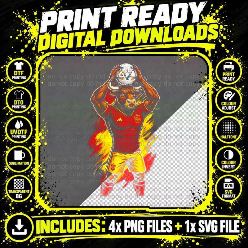 Bull Mascot Head Footballer Red Jersey Yellow Shorts Png SVG Digital Bundle