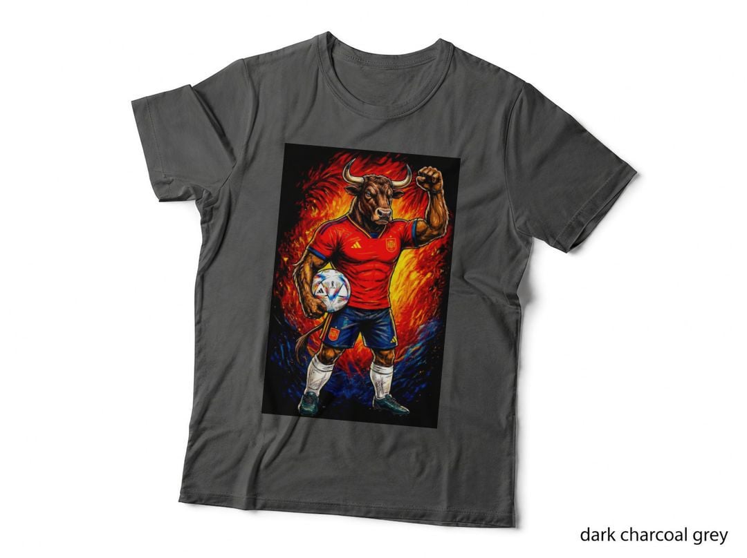 Bull Mascot Red Spain Jersey Fist Raised Holding Ball Fiery T-Shirt