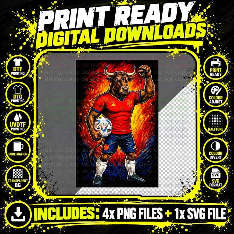 Bull Mascot Red Spain Jersey Fist Raised Holding Ball Png SVG Digital Bundle