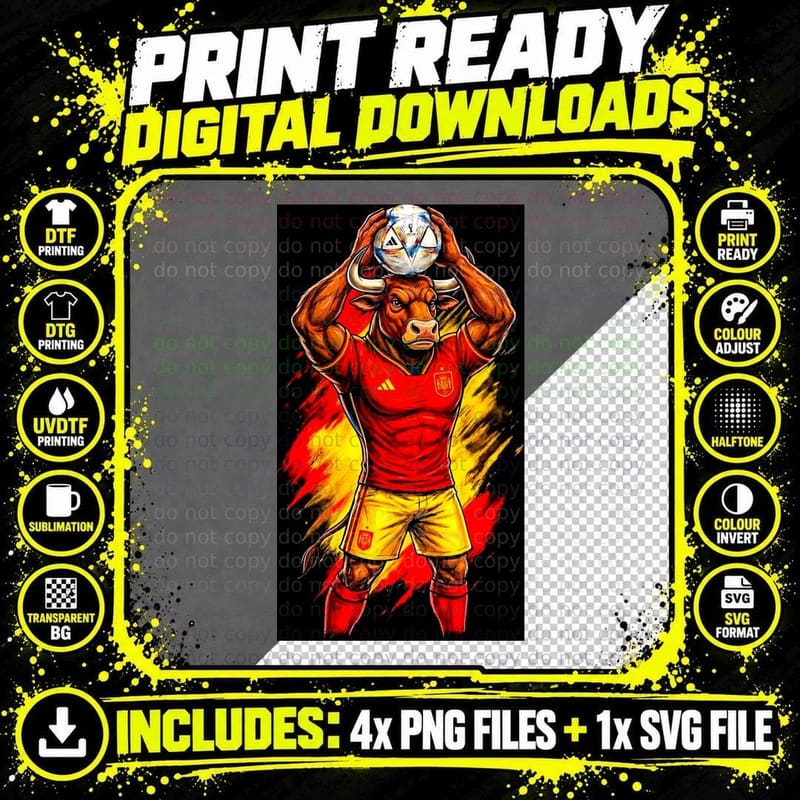 Bull Mascot Red Spain Jersey Yellow Shorts Holding Ball Png SVG Digital Bundle