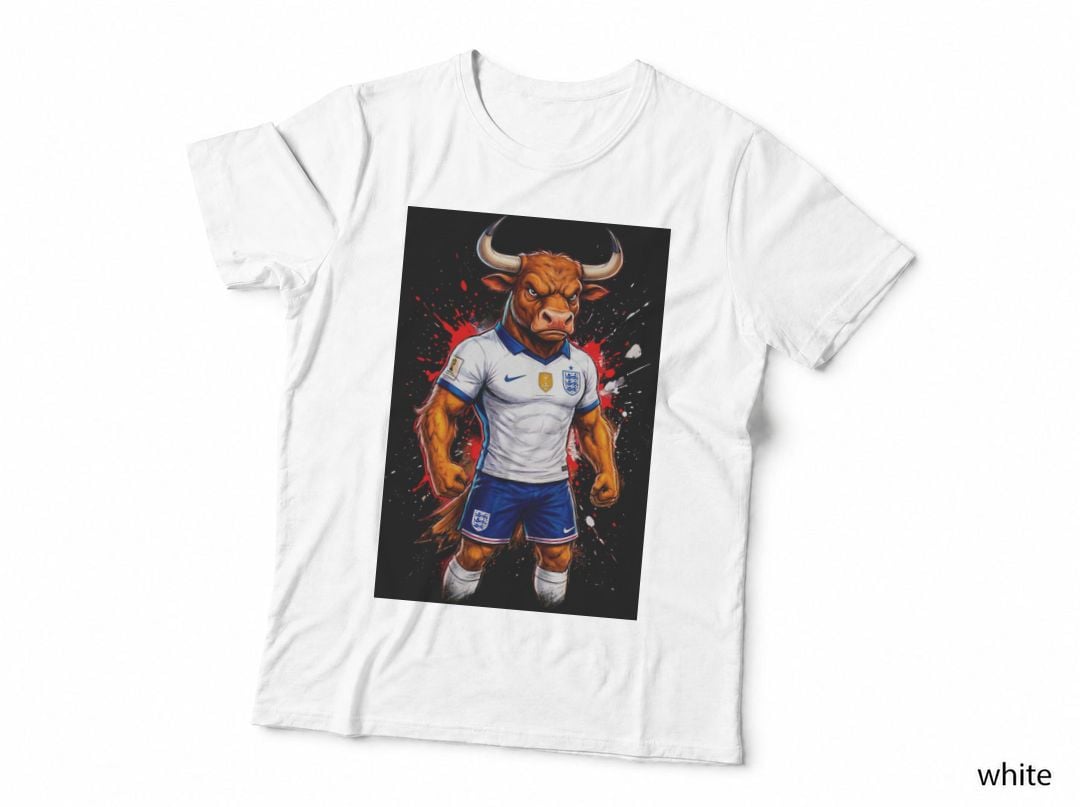 Bull Mascot White England Jersey Fists Clenched Muscular T-Shirt