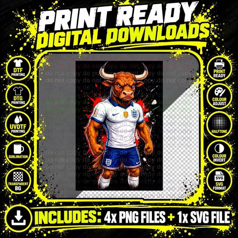 Bull Mascot White England Jersey Fists Clenched Muscular Png SVG Digital Bundle