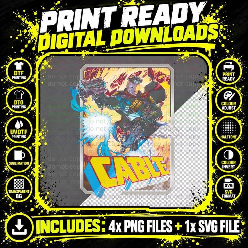 Cable Armored Character with Energy Effects Yellow Bold Png SVG Digital Bundle