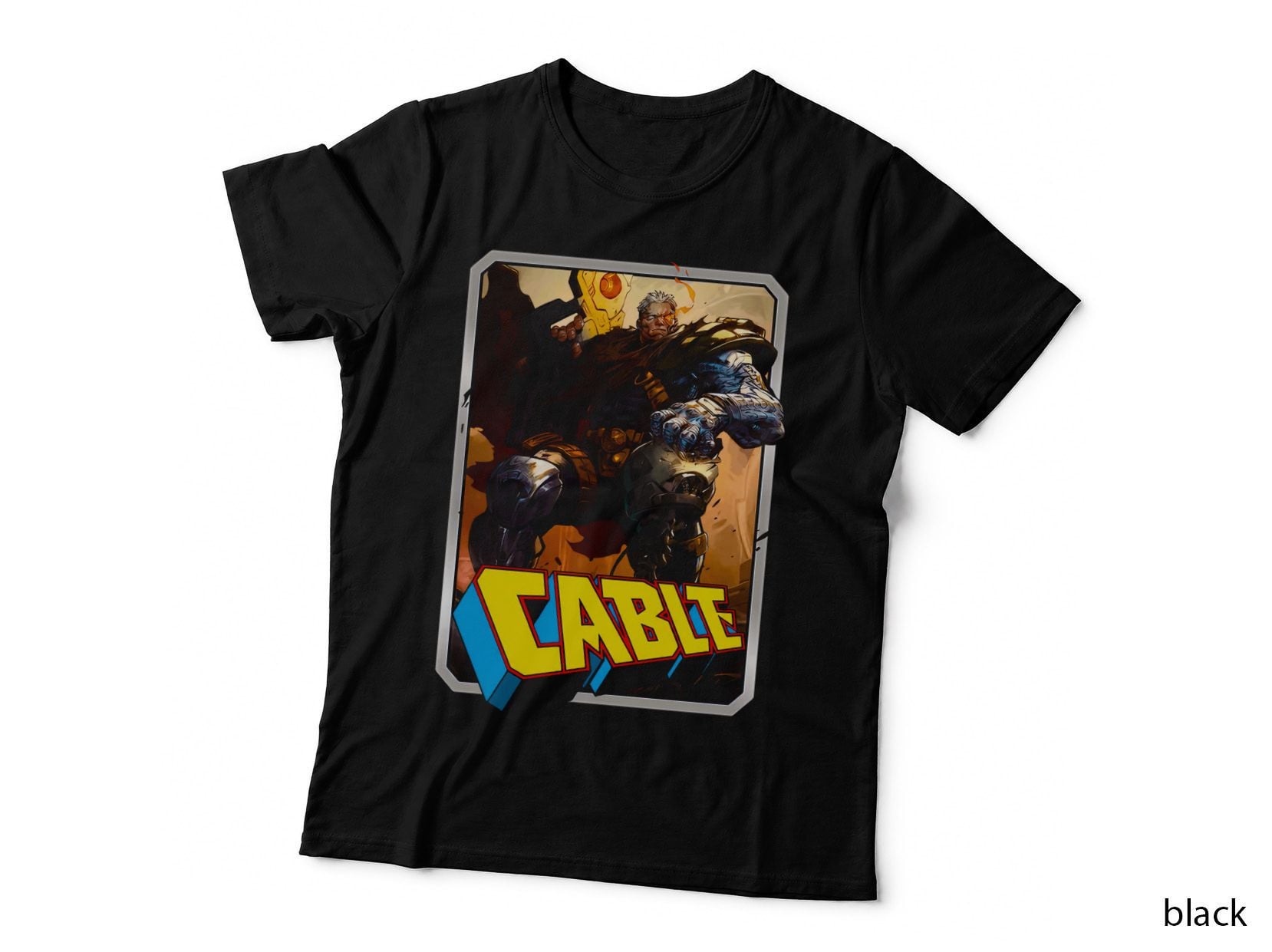 Cable Armored Warrior Figure with Orange Background Comic Art T-Shirt