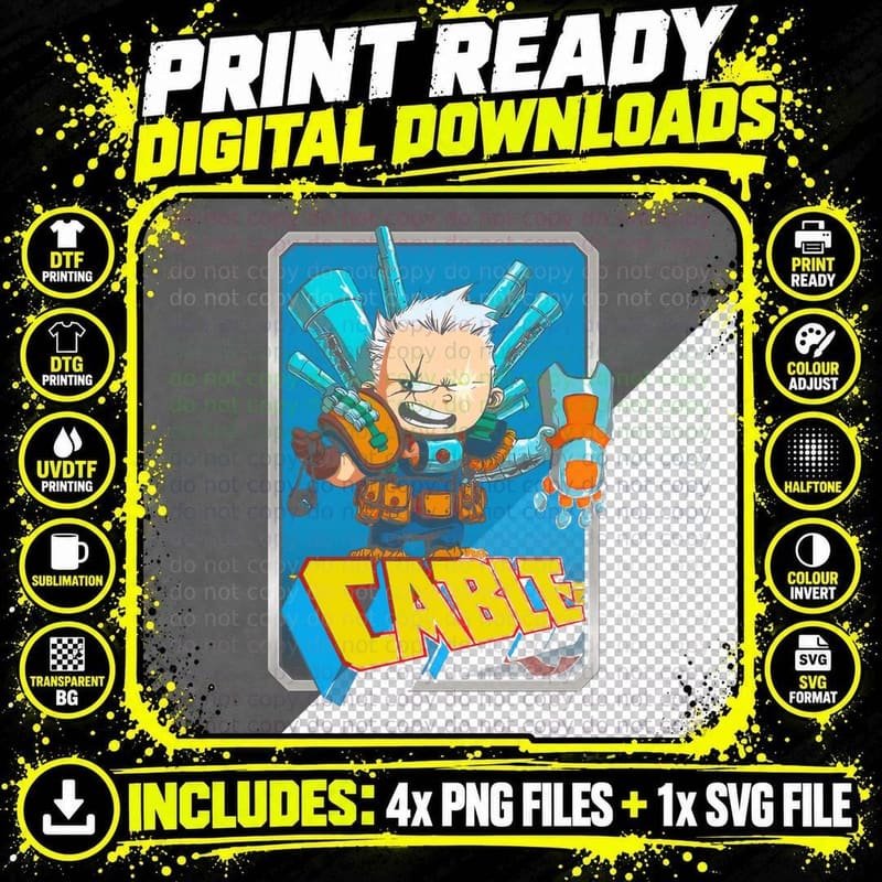Cable Blonde Spiky Child Character on Blue Orange Tech Png SVG Digital Bundle