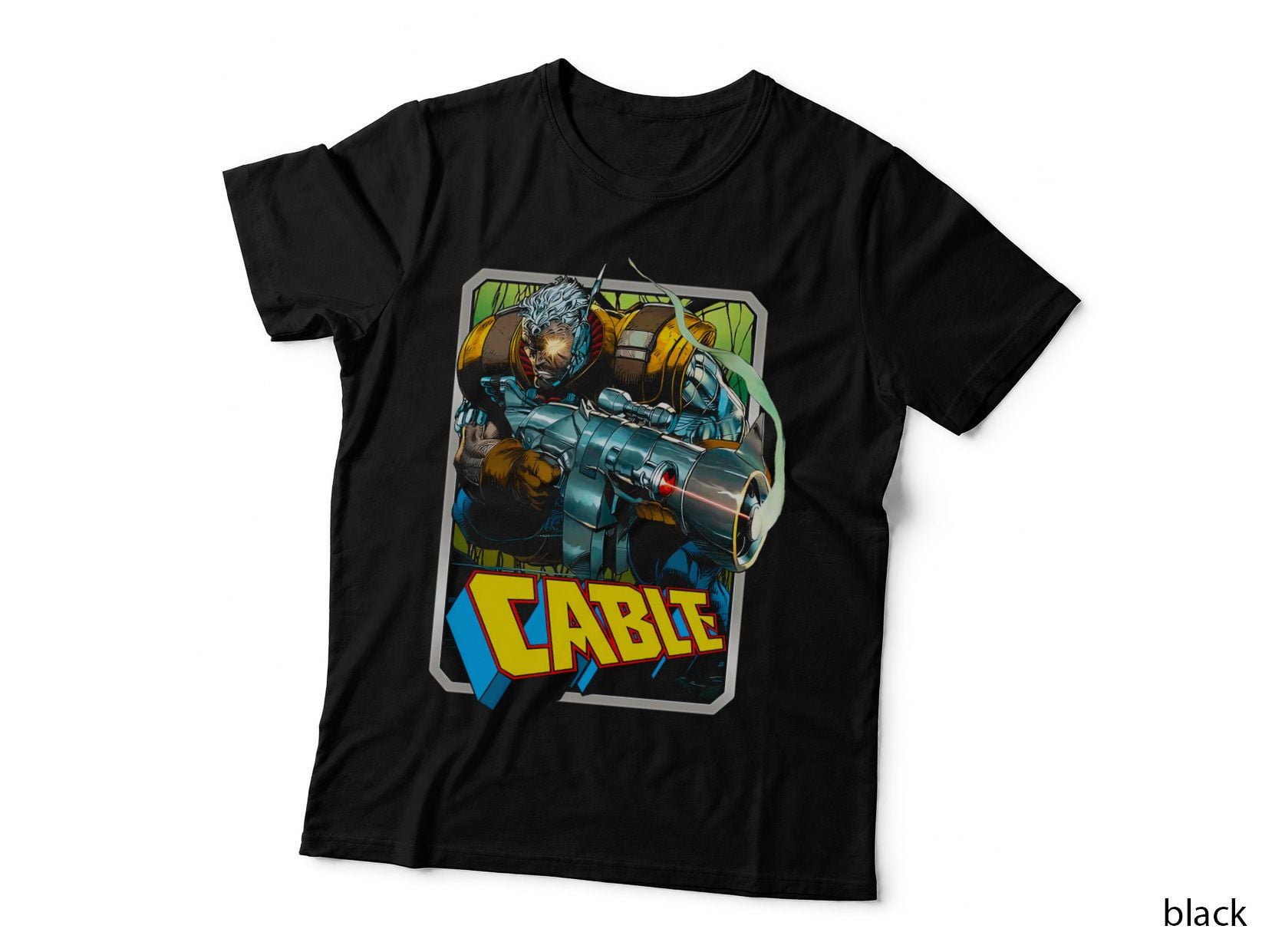 Cable Character with Tech Weapons and Armor Yellow Comic T-Shirt